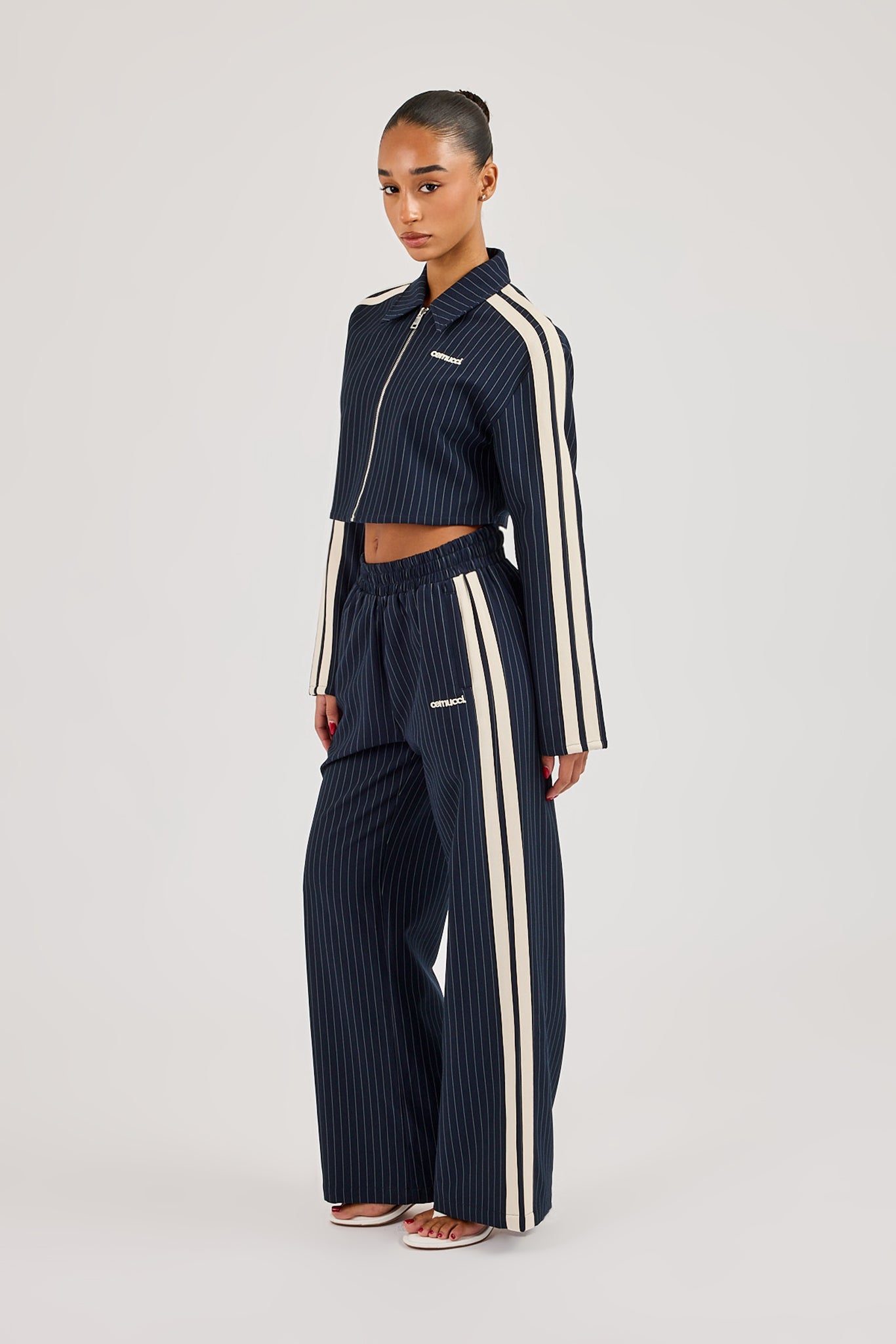 Pinstripe Taping Cropped Harrington Jacket & Wide Leg Track Pant - Navy Blue